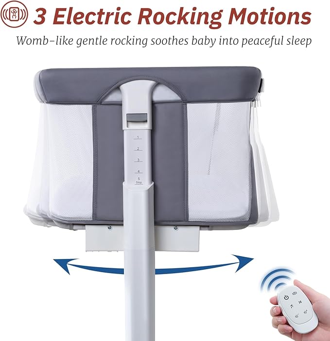 Electric Bassinet for Baby, 3 Speeds Automatic Rocking Bassinets with All mesh, 5 Height Adjustment Bedside Crib for Nweborn, 8 Music, Wheels, Light Grey
