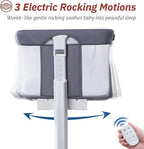 Electric Bassinet for Baby, 3 Speeds Automatic Rocking Bassinets with All mesh, 5 Height Adjustment Bedside Crib for Nweborn, 8 Music, Wheels, Light Grey