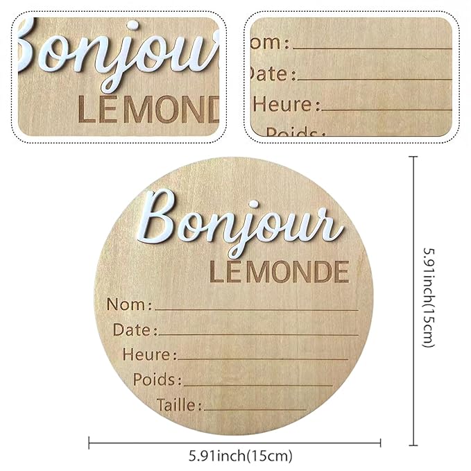 Baby Announcement Sign, 5.9 Inch Wooden Hello World Newborn Signs, "Bonjour Le Monde" Decoration, Birth Announcement Sign, Welcome Newborn Arrival to World, Hospital Nursery for baby