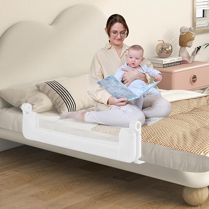 BABY JOY Double Sided Bed Rail Guard, 2 Pack, Extra Long, Swing Down for Convertible Crib, Folding Baby Safety Bedrail for Kids Twin Full Size Queen King Mattress, Rails for Toddlers (White, 48")