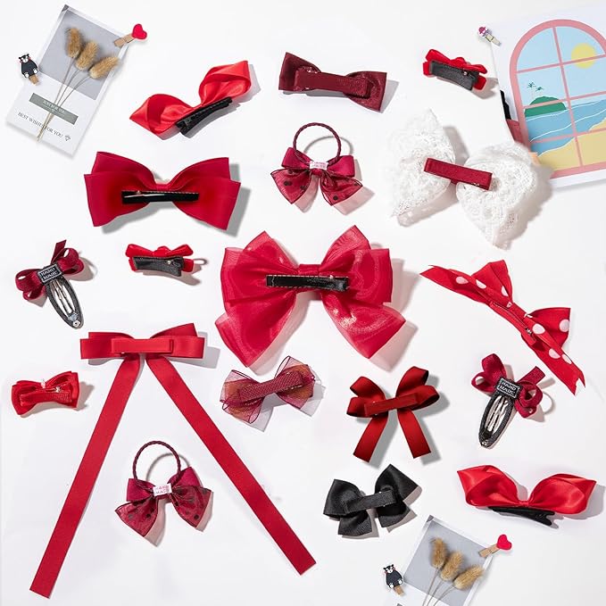 18pcs red hair bows for girls.Red bow with alligator hair clip,hair ties,snap clip hairpins.Handmade hair accessories for girls gift set