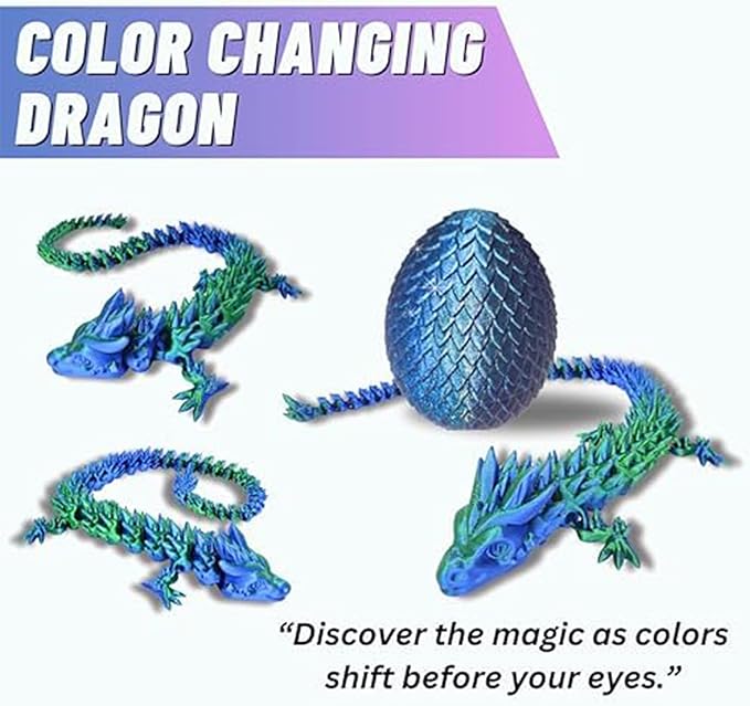Articulated Dragon With Egg - 20" - Blue/Green With Blue Egg - 3D Printed Dragon With Egg - Fidget Dragon Egg & 3D Dragon - Toy Dragon Eggs With Figures - Fidget Toys