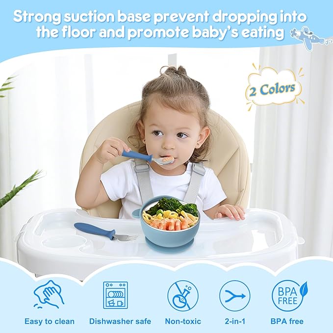 2 Pack Stainless Steel Baby Bowls with Suction, Toddler Bowls with Removable Silicone Shell for Kids, Non-Slip Toddler Baby Feeding Set Dishwasher Safe-Gray & Blue
