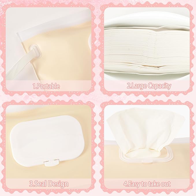 FEBSNOW 2 Pack Baby Wipes Dispenser, Portable Refillable Wipe Holder Baby Wipes Container Travel Wipes Case Reusable Wet Wipes Pouch (Cream, Pink)