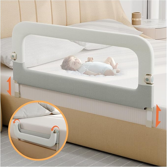 Large Bed Guard Rail for Toddlers - 59inch Foldable & Adjustable Heights Baby Bed Safety Railing - Toddler Long Bed Rails Guard for Twin, Bunk, Queen & King, Full Size Bed