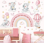 decalmile Pink Rainbow Elephant Wall Stickers Hot Air Balloon Animals Clouds Stars Wall Decals Baby Nursery Kids Bedroom Daycare Wall Decor