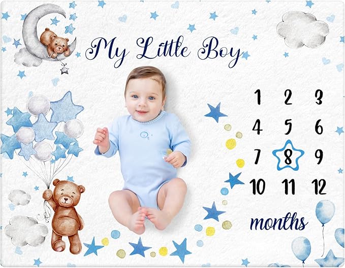 Sleeping Bear Monthly Baby Milestone Blanket Bear Star Balloon Flannel Blanket Boy Newborn Infant Swaddle Growth Baby Frame for Boys Girls Nursery (Blue)