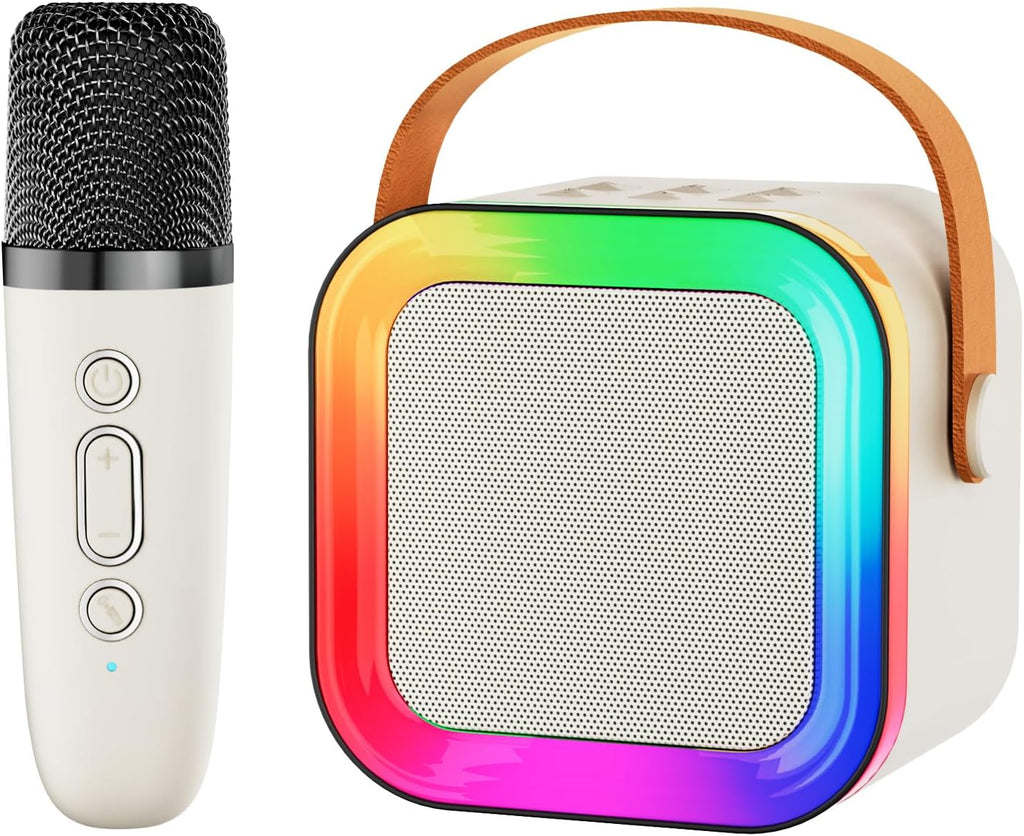 Mini Karaoke Machine Speaker for Kids Adults,Portable Bluetooth with 1-2 Wireless Microphones,Christmas Birthday Gifts Toys Girls Boys Ages 4, 5, 6,7, 8,9,10,11,12+ Years Old Toddler (Off-White -1Mic)