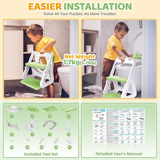 Orzbow 2-IN-1 Potty Training Seat with Step Stool, Height Adjustable Toilet Seat for Toddler, Potty Training with Splash Guard for Kids Boys Girls, Stability Ladder and Anti-Slip Pad, Green