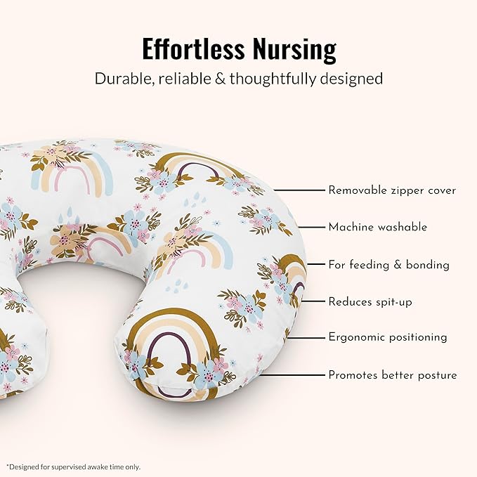 Dream On Me Beeboo Nursing Pillow and Positioner, Supportive for Breastfeeding and Bottle Feeding, Removable and Washable Cover, Soft and Breathable Fabric, Rainbow White