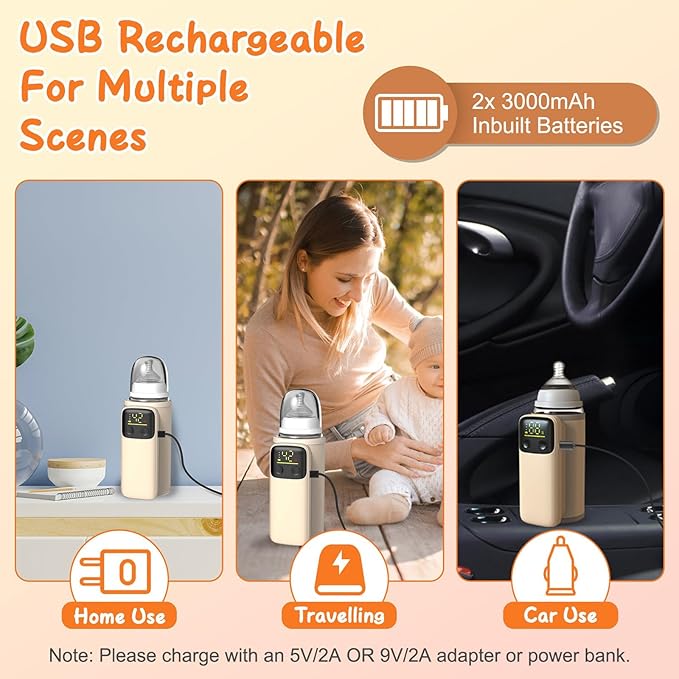 Portable Bottle Warmer for Travel, Rechargeable Bottle Warmer On The Go, Fast Charging & 6 Heating Settings, Leak-Proof, Night Light, Milk Warmer for Breastmilk and Formula
