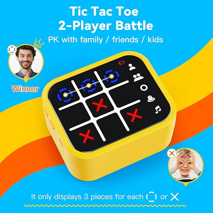Rechargeable Tic Tac Toe Game Box with 5 Fun Brain Memory Games, Electronic Touchscreen Handheld Game, Portable Digital Puzzle Board Travel Toy, Gifts Choice for Kids and Adults(Yellow)