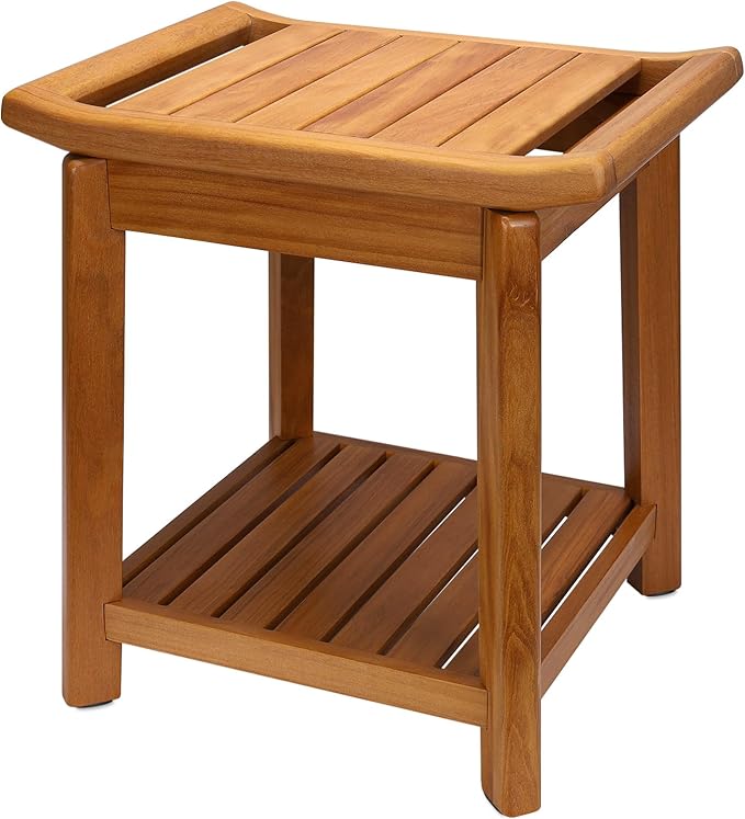Teak Shower Bench-Solid Teak Wood Shower Chair with Towel Bars & Storage Shelf, Stable Non-Slip Bathroom Stool for Elderly & Recovery, Heavy Duty Shower Seat for Inside Shower & Tub Safety 17 inch