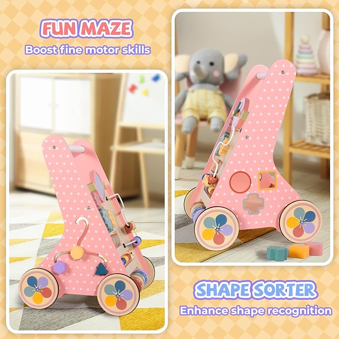 Wooden Baby Walker, Push Walker for Baby Girl 6-12 Months, Montessori Walker Push Toy for Toddlers Learning to Walk