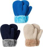 Winter Mittens Gloves Beanie Hat Set for Kids Baby Toddler Children, Thick Warm Knit Fleece Lined Thermal Set for Boys Girls