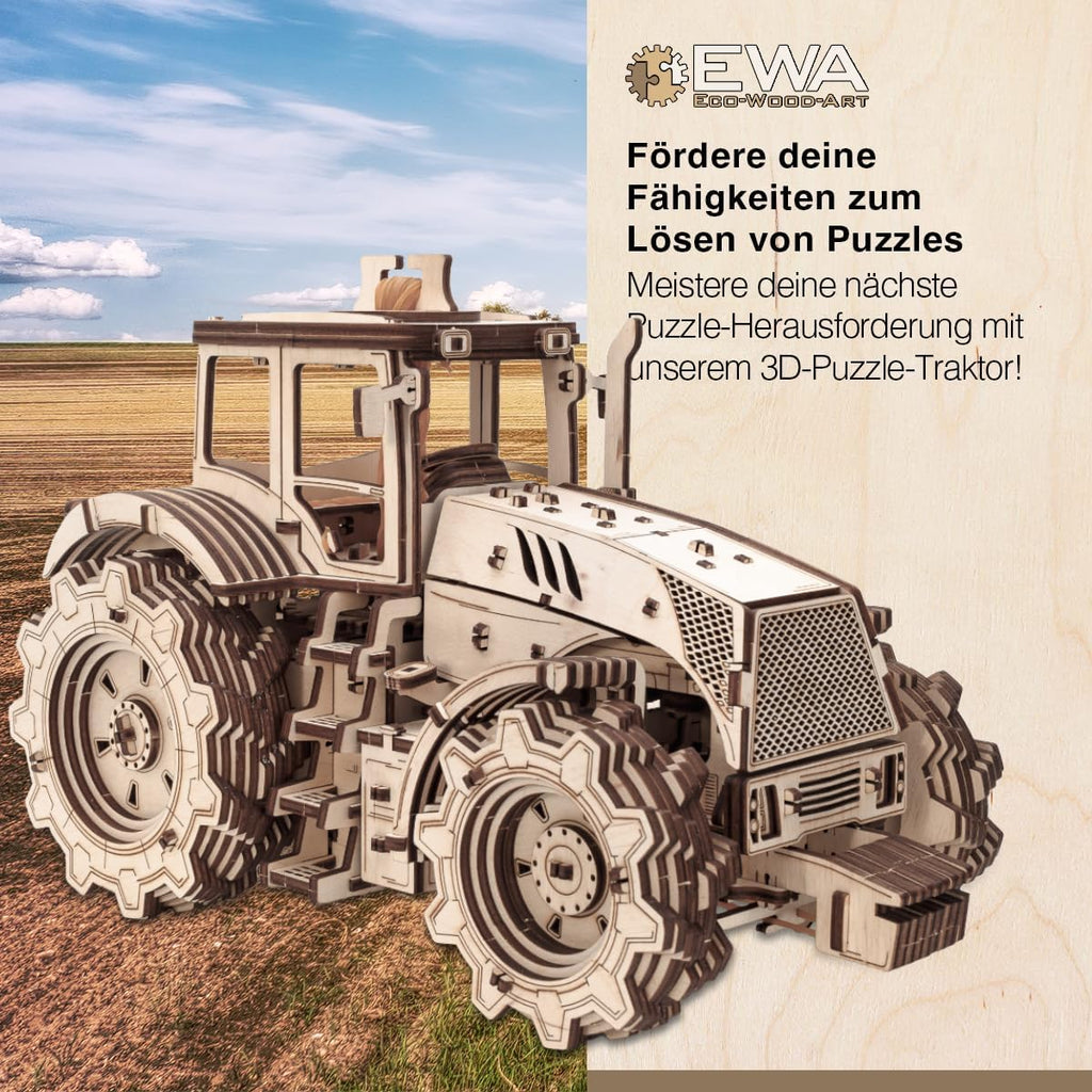 EWA 3D Mechanical Wooden Model - DIY Tractor with Start-Stop System, Inline-Six Engine & More - 3D Wooden Puzzle for 15 yrs Above & Adults - Eco Wood Art, 596 Piece