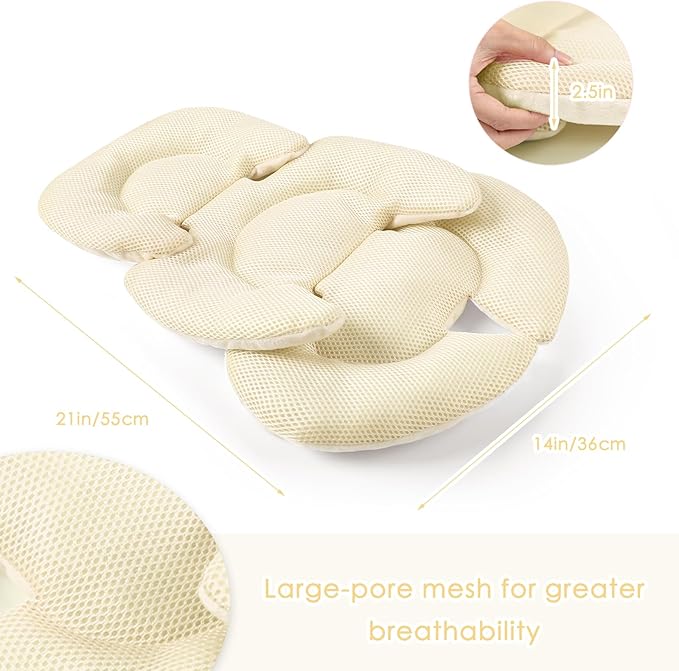 Infant Car Seat Insert for Newborn Girls Boys, Summer Mesh Baby Carseat Head Support with Strap Pads, Soft Reversible Baby Car Seat Insert Cushion Pad for Car Seat, Stroller, Bouncer, Swing, Beige