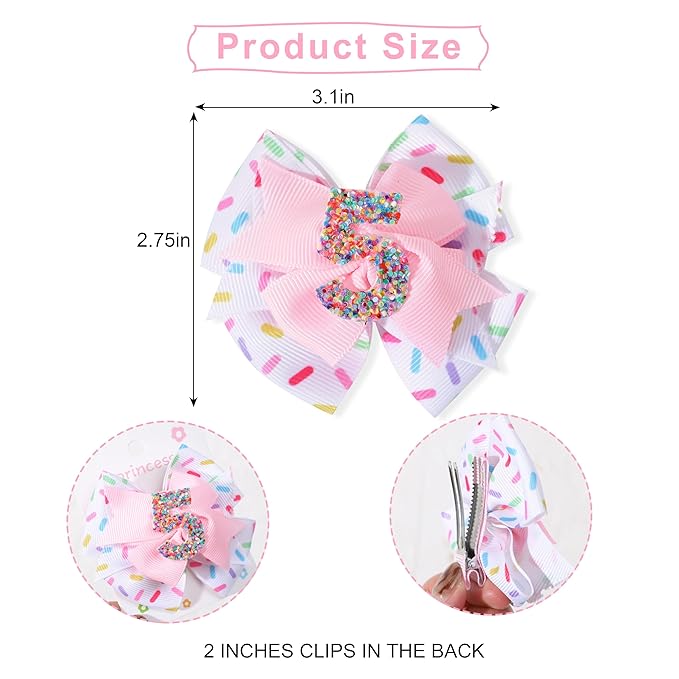 Hair Clip - 1st Birthday Pink Bow Party Decorations, Confetti Ice Cream for Girls, 5th Baby Girls Hair Bow, Hair Clip
