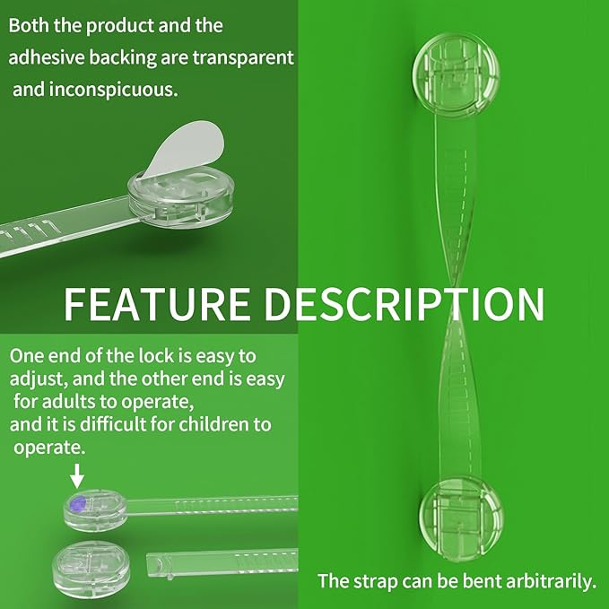 Baby Proof Cabinet Locks, Safe Quick and Easy Transparent Drawer Door Latches, Adjustable No Drilling Child Safety Cabinet Straps for Fridge, Oven, Dishwasher, Toilet Seat (L, Count, 6)