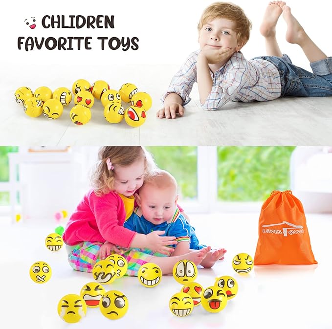 LovesTown Mini Stress Balls, 36PCS 2Inch Smiley Face Stress Balls Yellow Funny Foam Stress Relief Toys for School Carnival Reward Student Prizes
