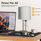 Grey Bedroom Lamp for Nightstand - 3 Color Temperature Table Lamp with USB C and A Ports, Pull Chain Bedside Lamp with AC Outlet, Desk Lamp with Silver Metal Base for Kids Girls