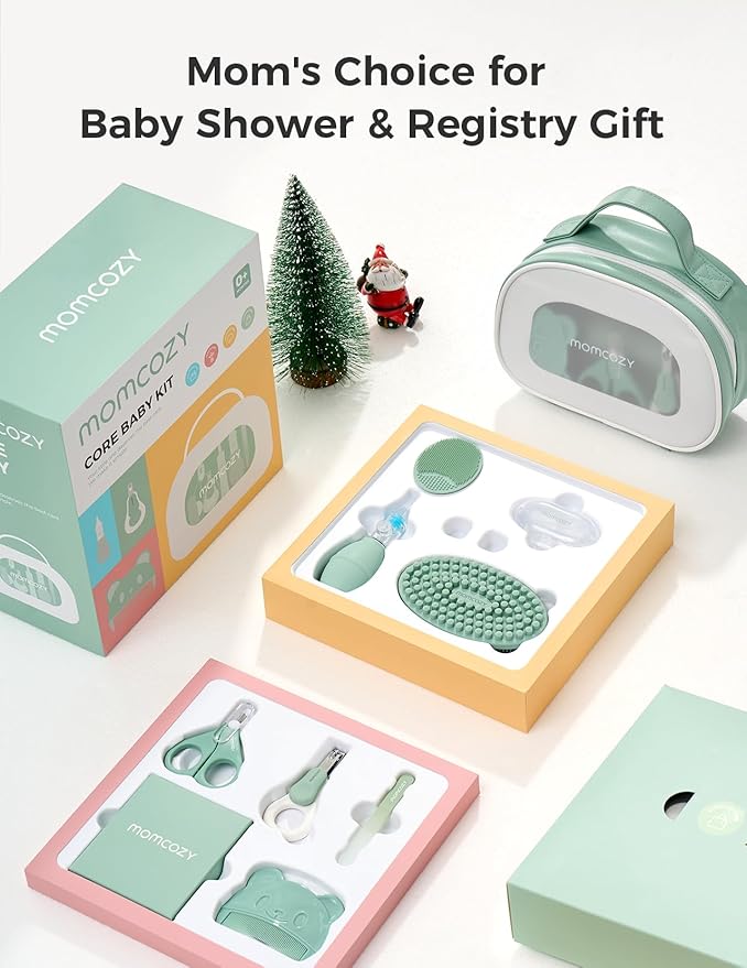 Momcozy Core Baby Kit, Baby Shower & Registry Essential Kit for Grooming&Health&Cleansing Care, Includes Nail File Kits, Nasal Aspirator, Gas Relief Tubes, Bath Brushes, Toothbrush, Comb, Storage Case
