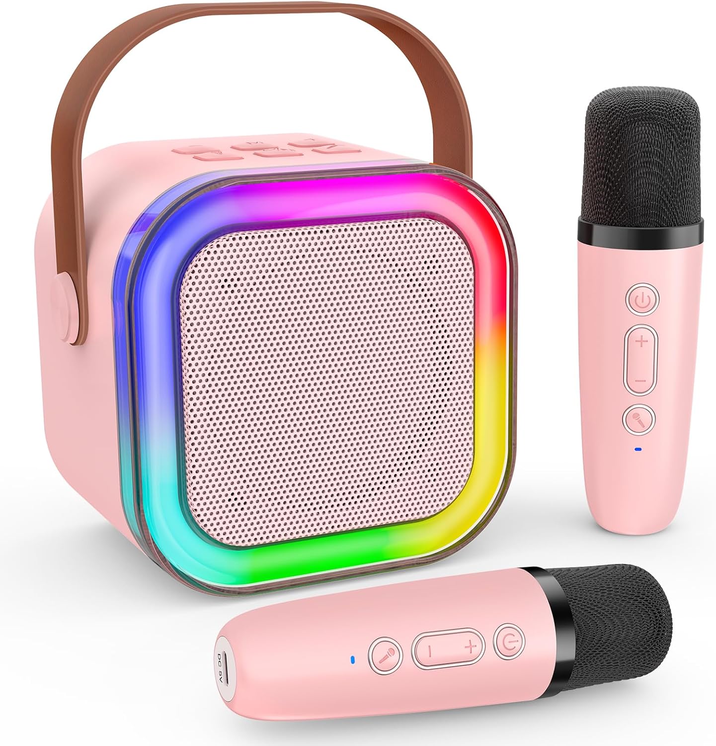 Mini Karaoke Machine for Kids, Haomuren Protable Bluetooth Speaker with 2 Wireless Microphone and LED Color Lights, Christmas Birthday Gifts Toys for Girls Boys Friends Age 3-12+ Years Old (Pink)