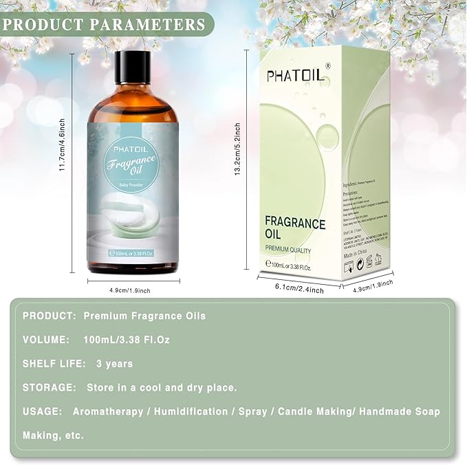 PHATOIL 3.38FL.OZ Baby Powder Fragrance Oils for Aromatherapy, Essential Oils for Diffusers for Home, Perfect for Diffuser, DIY Candle and Soap Making, DIY Scented Products - 100ml