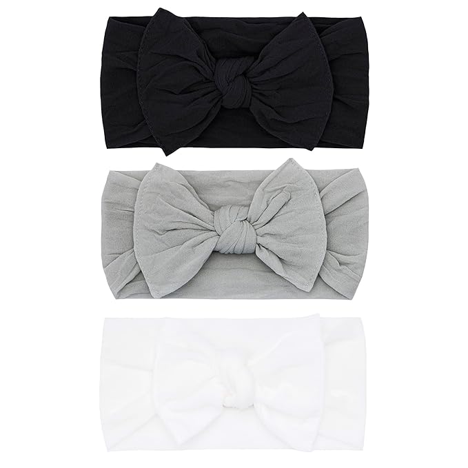 Baby Bling Bows - Newborn to Little Baby Girl Bows, 3PK CLASSIC KNOT Nylon Super Soft Stretchy Toddler Headbands, Perfect Hair Accessories Head Bands for Infant Kids, Made in the USA