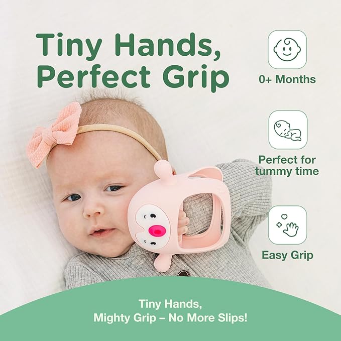 Teething Toy for Infants & Babies, Teethers for Babies 3-6 Months, Baby Teethers 0-6 Months, Teething Toys 6-12 Months, TotCo Never-Drop Baby Teething Toy, Pink