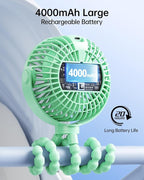 SWEETFULL Portable Stroller Fan with Display 4000mAh Battery Powered Mini Clip On Fan, 4-Speed Rechargeable Small Personal Cooling for Baby Car Seat Crib Travel - Green