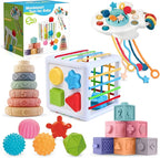 SpringFlower 5 in 1 Baby Toys 6 to 12 Months, Montessori Toys, Soft Baby Teething Toys, Sensory Bin Toy, Stacking Building Blocks & Rings Infants,Sorting Sensory Learning Gift for Toddlers Aged 1-3