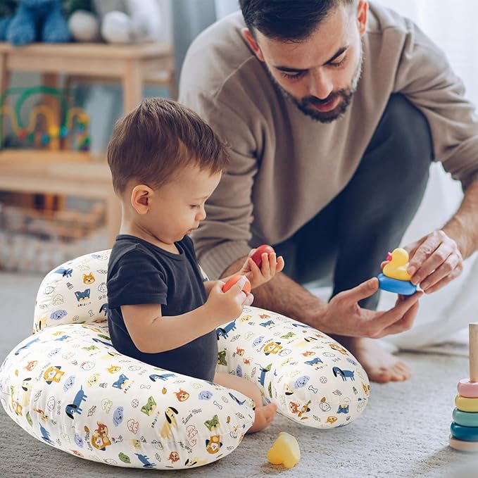 Nursing Pillow for Bottle and Breastfeeding, Ergonomic Design Support for Mom and Baby, Removable Cotton Cover, Machine Washable, Dog Pattern(Creamy White)