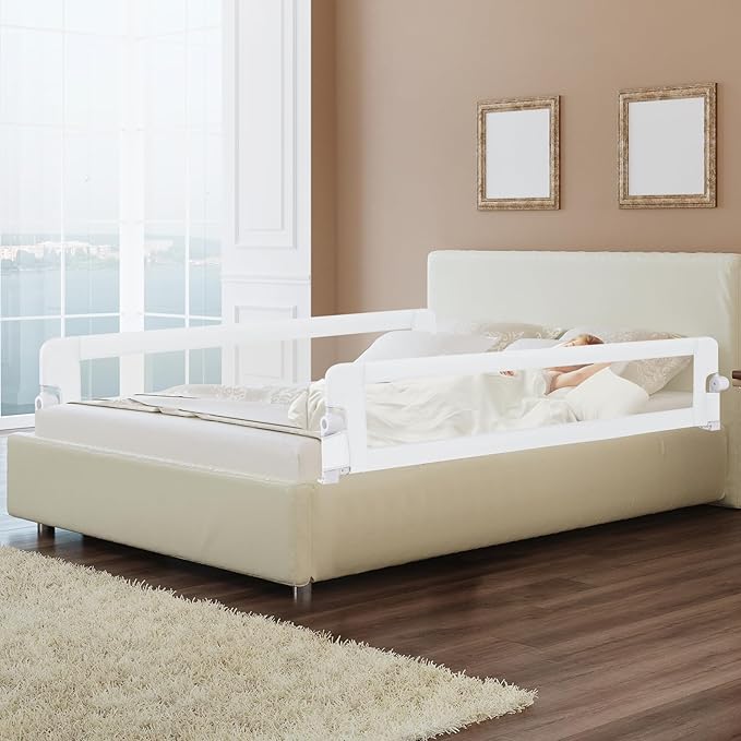 BABY JOY Double Sided Bed Rail Guard, 2 Pack, Extra Long, Swing Down for Convertible Crib, Folding Baby Safety Bedrail for Kids Twin Full Size Queen King Mattress, Rails for Toddlers (White, 71")
