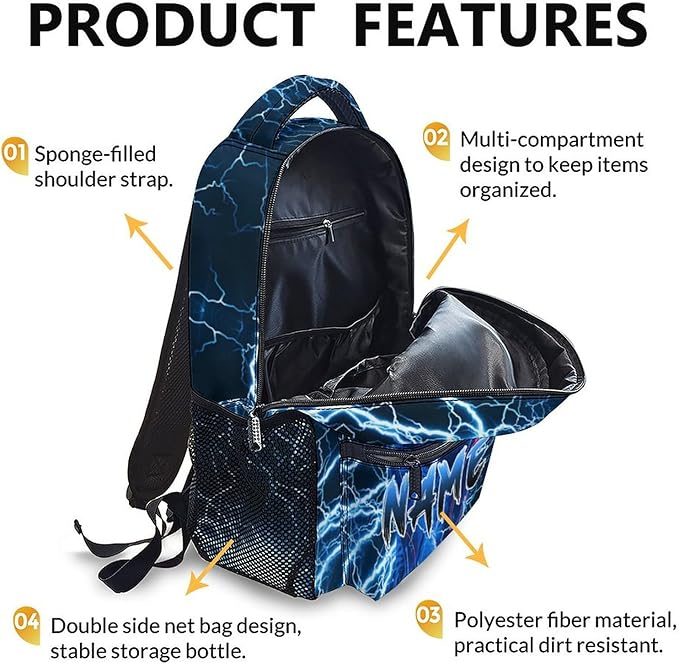 Boys School Backpack, Personalized Tiger Backpacks with Name for Kids Kindergarten Primary Senior Middle, 17 Inch Durable Personalized Cool Lightning Bookbag for School