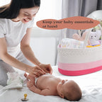 luxury little Diaper Caddy Organizer, Large Cotton Rope Nursery Basket, Changing Table Organizer for Baby Diaper Storage, Portable Car Organizer with Removable Divider, Baby Shower Gifts - Pink