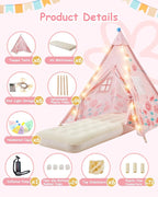 6 Pack Teepee Tent for Kids with Inflatable Airbed, Light, Toddler Tent Children Room Tents, Slumber Party Sleepover Tents, Indoor Outdoor Kids Playtent Playhouse for Girls & Boys