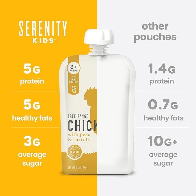 Serenity Kids 6+ Months Baby Food Chicken Pouch Puree - Ethically Sourced Free-Range Chicken & Organic Peas & Carrots - No Added Sugar & Protein-Rich & BPA-Free Toddler Food - 3.5 Oz, 12 Pack