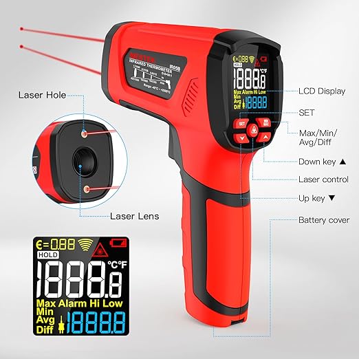 MESTEK Infrared Thermometer Temperature Gun, -40℉~3632℉, Non Contact Digital Laser Thermometer Gun Industrial Pyrometer 50:1 High Temp Thermometer with Color LCD Display, Adjustable Emissivity