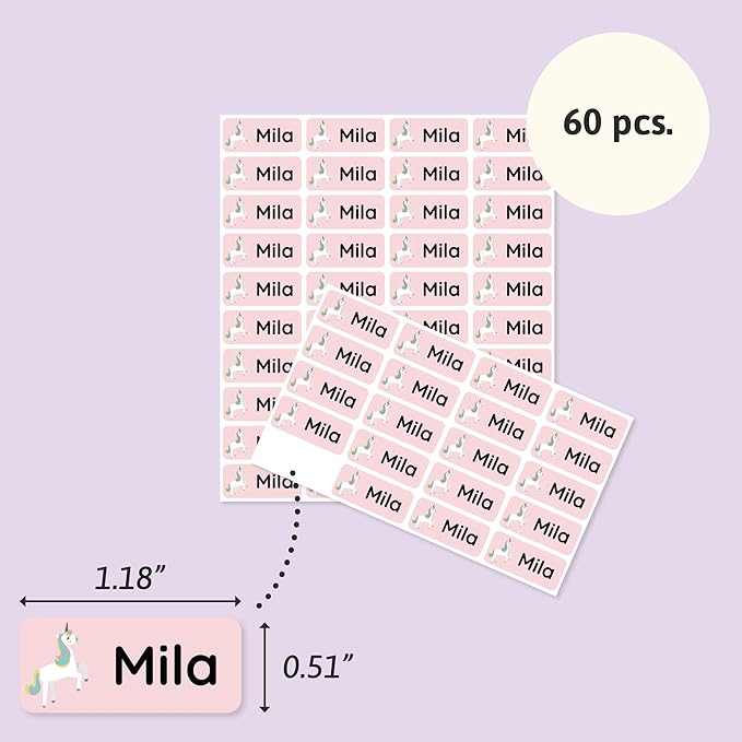 Personalized Name Labels for Kids (60) – Custom Waterproof & Durable Stickers for Clothing, Daycare, Office & School Supplies - Unicorns