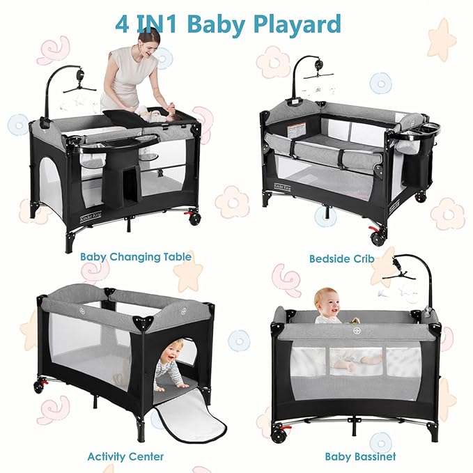 Kinder King 4 in 1 Portable Baby Playard, Foldable Baby Bedside Crib w/Bassinet, Infant Pack and Play Playard Toddler Large Playpen, Newborn Changing Table, Storage Basket, Grey