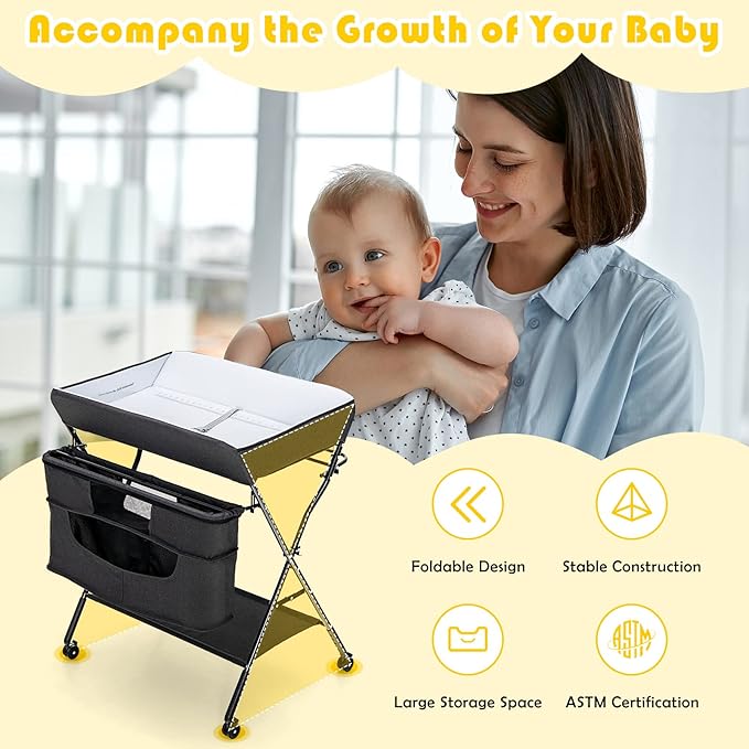 Costzon Baby Changing Table, Adjustable Height Portable Diaper Station w/Lockable Wheels, Safety Belt, Large Storage Rack & Bag, Folding Nursery Station for Infant Newborn (Black)