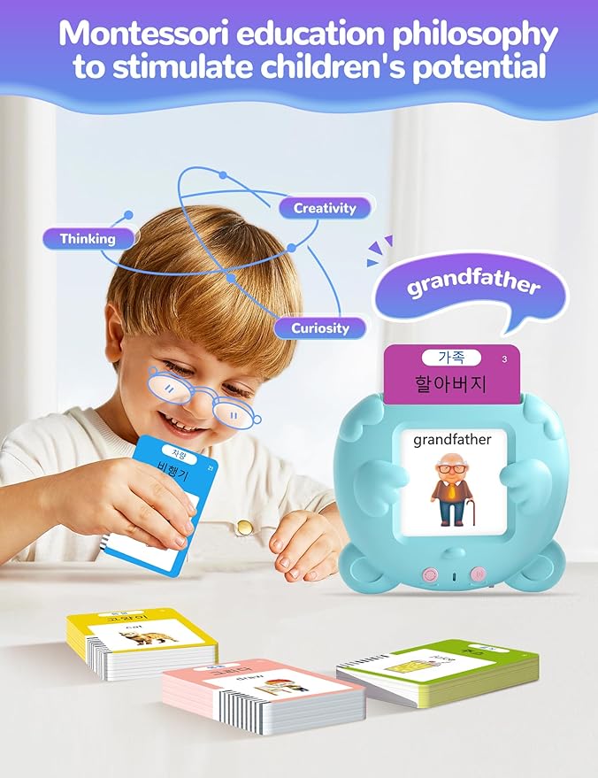 Korean and English Talking Flash Cards for Toddlers, 510 Sight Words Bilingual Learning Toys for Children, Autism Pocket Speech Therapy Toys, Korean Vocabulary Educational Flashcards
