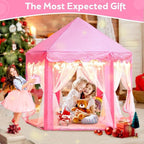 Princess Castle Tent with Rug for Girls Fairy Play Tents for Kids Hexagon Playhouse with Fairy Star Lights Toys for Children or Toddlers Indoor Games (Pink Princess Tent with Rug)