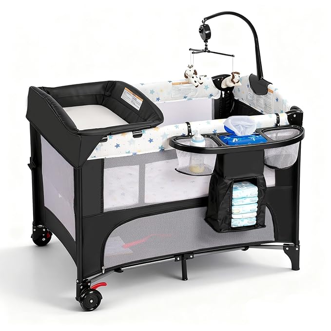 4 in 1 Height Adjustable Baby Playard, Foldable Nursery Center with Music Box Toy Rack, Side Storage, Changing Table, Large Portable Playpen for Newborns and Toddlers