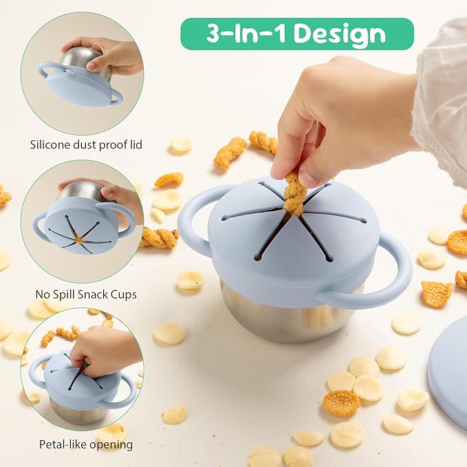 1 Pack Snack Containers for Toddlers, 3-in-1 Stainless Steel Toddler Snack Cups with Removable Silicone Food Catcher & Travel Lids, No-Spill Snack Container for Baby Self-feeding