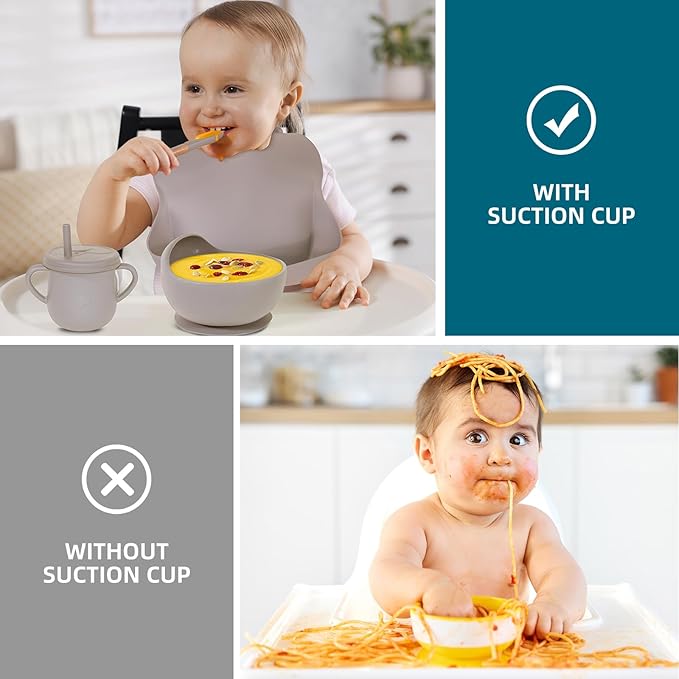 100% Silicone baby feeding set,BPA free Baby dishes set with Suction Bowl Divided Plate,Toddler Self Feeding Dish Set with Spoons Forks Sippy Cup And Bib, Baby Eating Utensils (Beige)