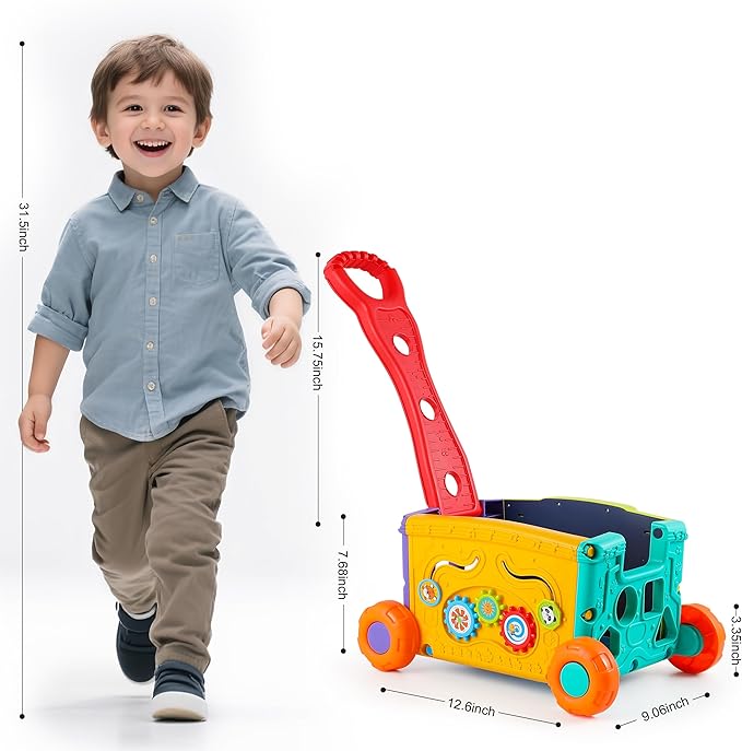 Interactive Learning Push Walker Toy for Toddlers, Musical Activity Wagon with Handle, Educational Rolling Cart with Blocks