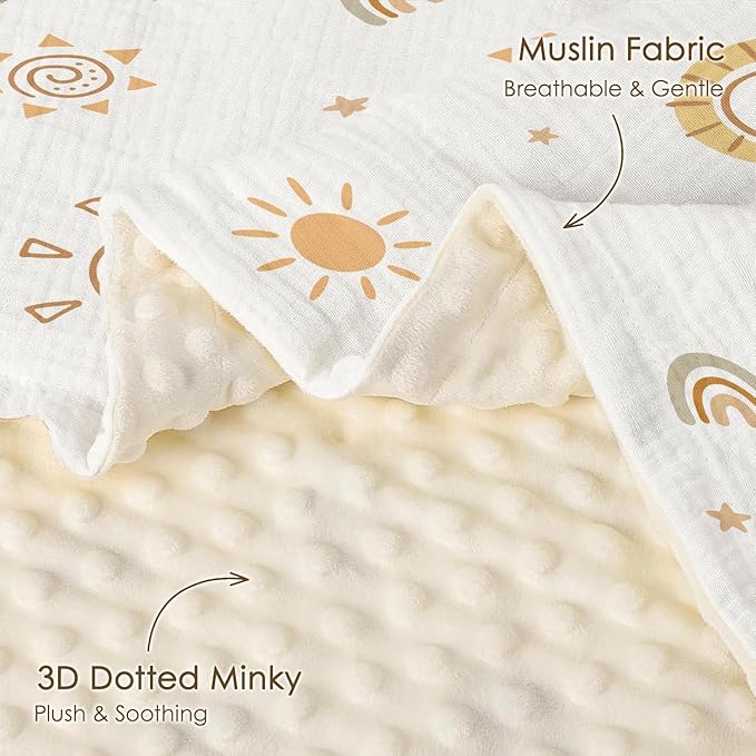 Sun Baby Blankets for Boys Girls, Soft Nursery Minky Blankets with Muslin and Dotted Fleece Back 30x40 inches, Receiving Bed Quilt for Newborn, Infants, Toddlers