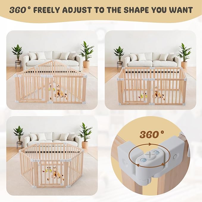 Foldable Wooden Playpen, Large Baby Play Yard with Locking Gate for Babies and Toddler 1-3 Year, Portable Playpen for Activity Center Indoor Outdoor(Wood, 6 Panel)